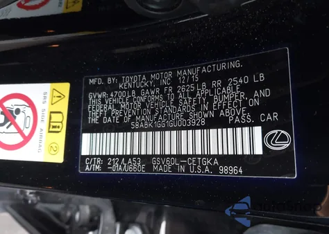 2016 Lexus Es 350 from USA, damaged, VIN 58ABK1GG1GU003928